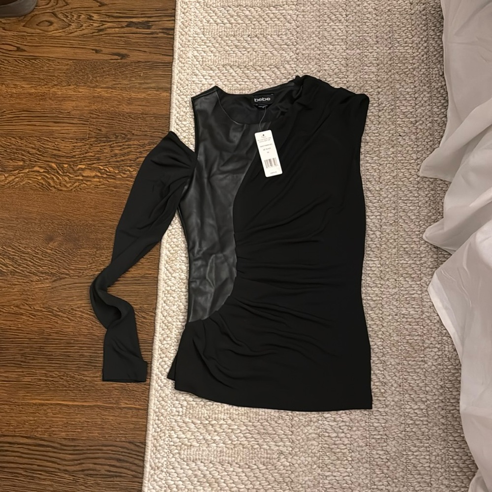 Bebe top black faux leather one sleeve nwt